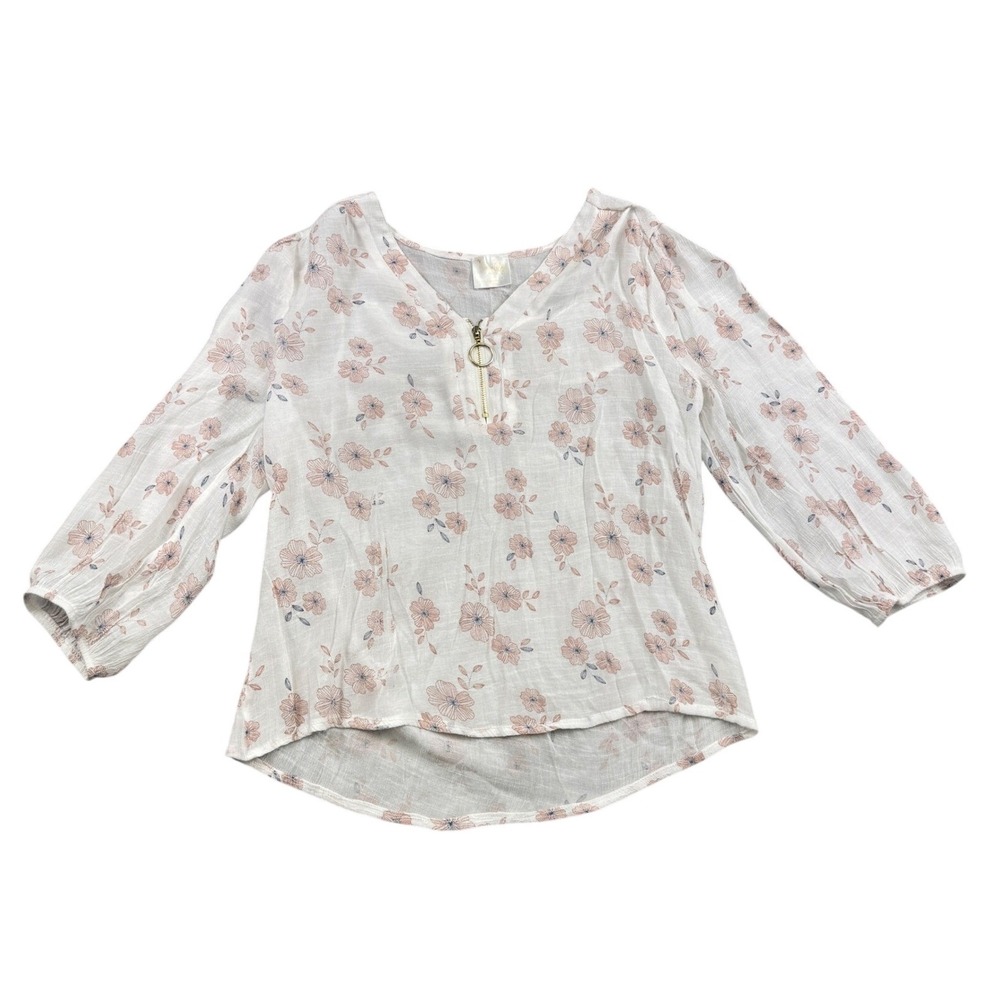 Sirenlily Petites White Pink Floral Gauze‎ V-Neck Ring Zipper Blouse PM Womens